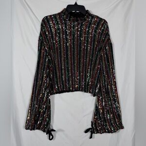 Free People Sequin Striped Long Bell Sleeve Mock Neck Crop Top, Size Large, NWOT